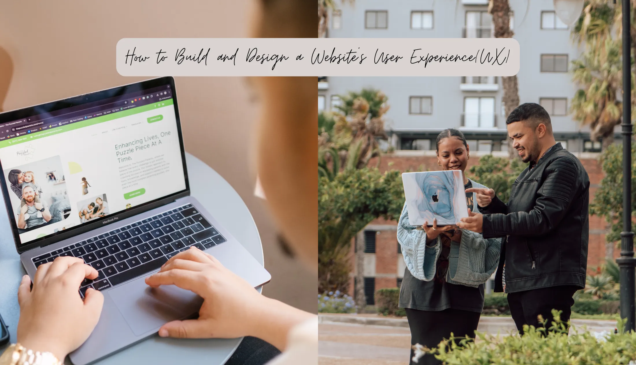 Two images side by side, on the left it is Douglas(website developer of Don Creative Group) working on the Puzzled Parenst website, on the right it is Douglas showing Talana(our in house graphics designer) how a good user experience on websites look
