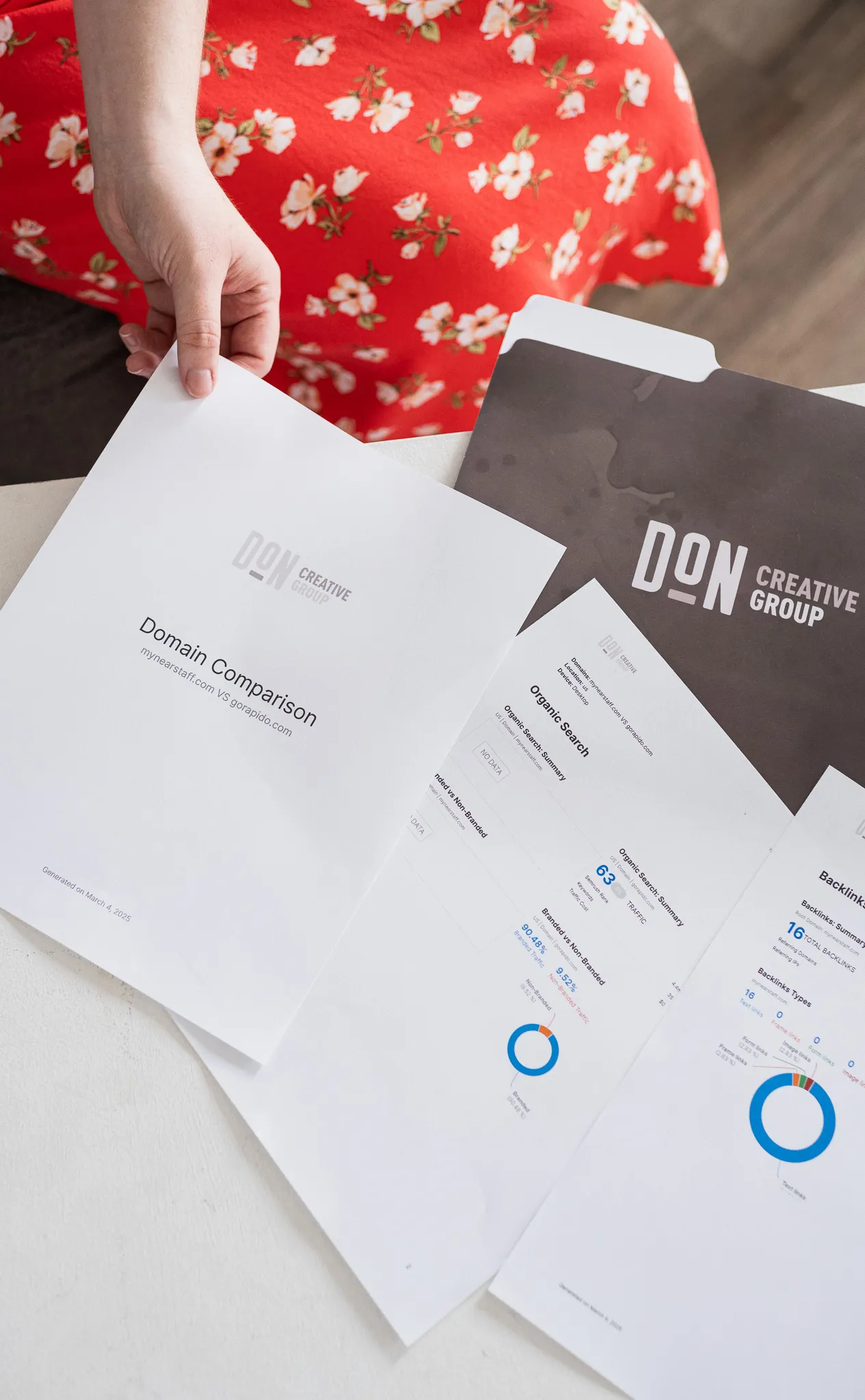 Don Creative Group SEO and domain comparison reports presented during a client strategy review